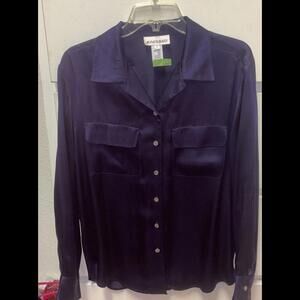 👠👚💙 Jones & Co Navy Blue Silk Long Sleeve Button Up Blouse Sz 12